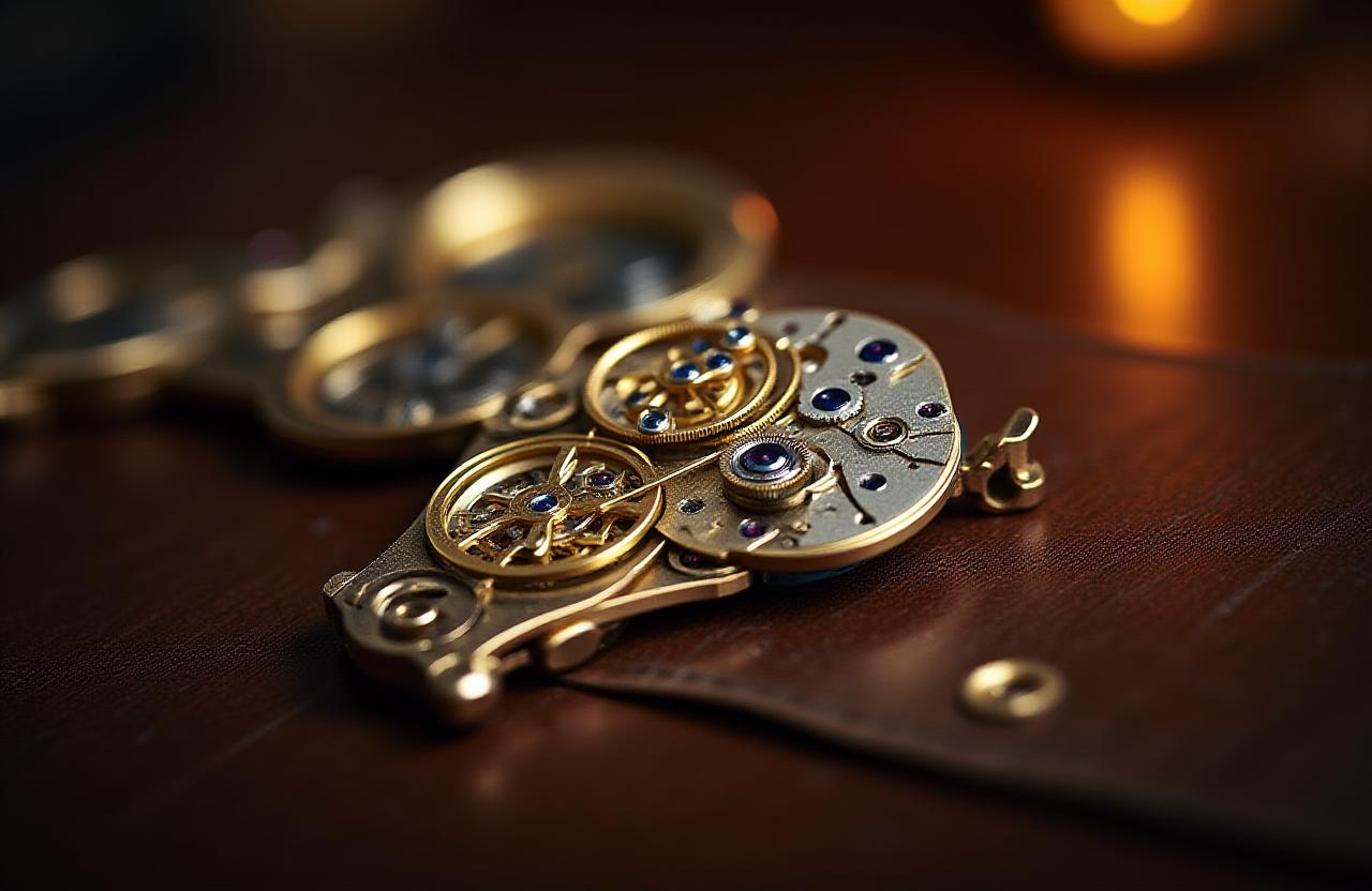 Intricate clockwork gears and aesthetic watchmaking tools